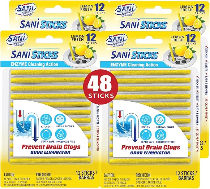 SANI 360° Sani Sticks Drain Cleaner and Deodorizer, 48 Count, Lemon Scent Enzyme Pipe Cleaners, Eliminate Odors, Prevent Clogged Drains, Safe for Sinks, Bathtub Drains, Septic Tanks