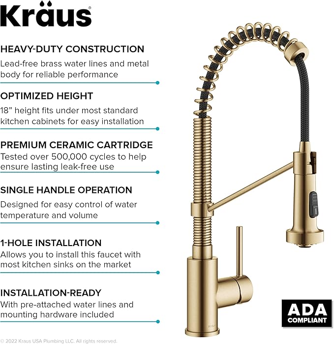 KRAUS Bolden Commercial Style 2-Function Single Handle Pull Down Kitchen Faucet in Spot-Free Brushed Brass, KPF-1610BB