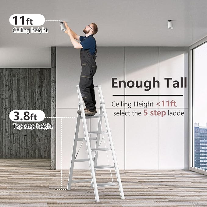 GameGem 5 Step Ladder for 10 Feet High Ceiling, Folding Step Stool Stepladders with Anti-Slip and Wide Pedal for Home and Kitchen Use Space Saving (White)