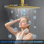 Shower Faucet Set, 12" Ceiling Mount Rainfall Shower System with 2 Rain Shower Head and Multi-function Handheld Head Push Button Diverter Shower Faucet Trim Kit (12", Brushed Gold)