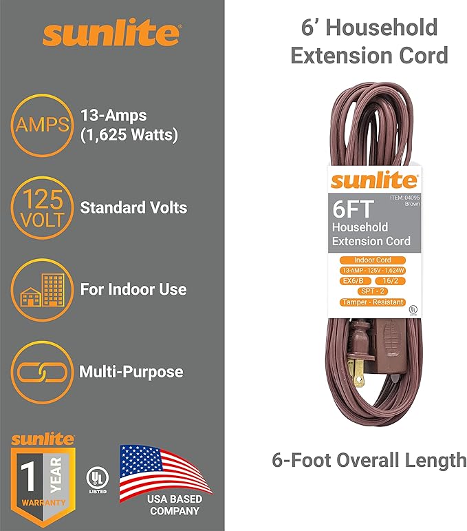 Sunlite 04095-SU 6-Foot Household Extension Cord, Three 2-Prong Polarized Sockets, Tamper Guards, Indoor Use, For Small Appliances, Electronics, Lamps, Fans, Mobile Devices, UL Listed, Brown