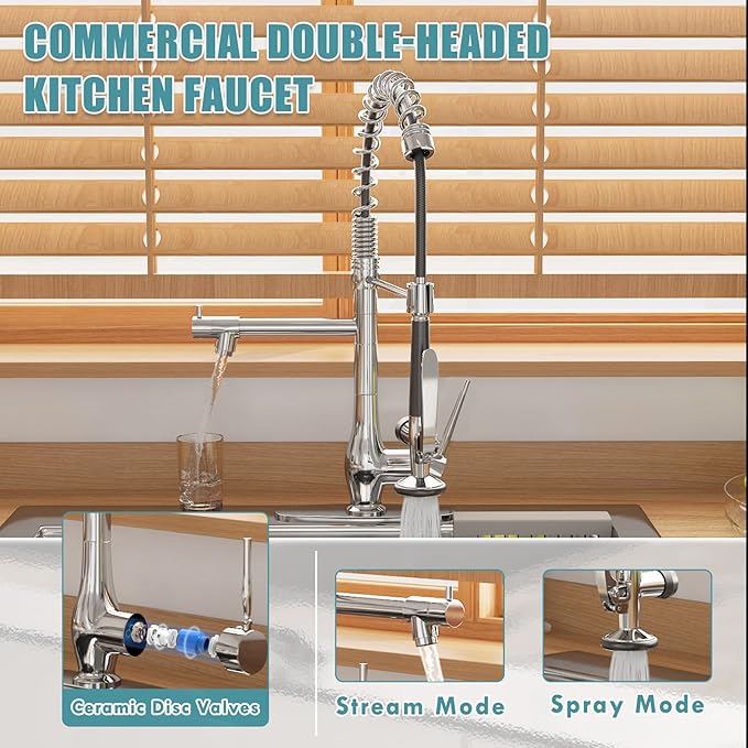 GIMILI Chrome Kitchen Faucet with Pull Down Sprayer, Single Handle High Pressure Kitchen Sink Faucet, Commercial Double-Headed Stainless Steel Kitchen Faucets Sink with Deck Plate