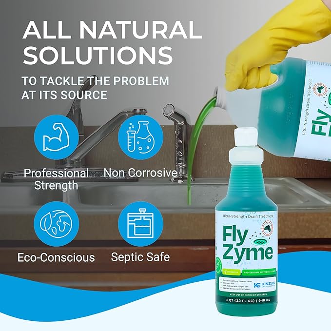 Kinzua Environmental Fly-Zyme, Highly Concentrated Enzyme Drain Cleaner for Pipes & Fruit Flies, Citronella Scented Organic Waste Degrader & Odor Neutralizer, 32 fl oz