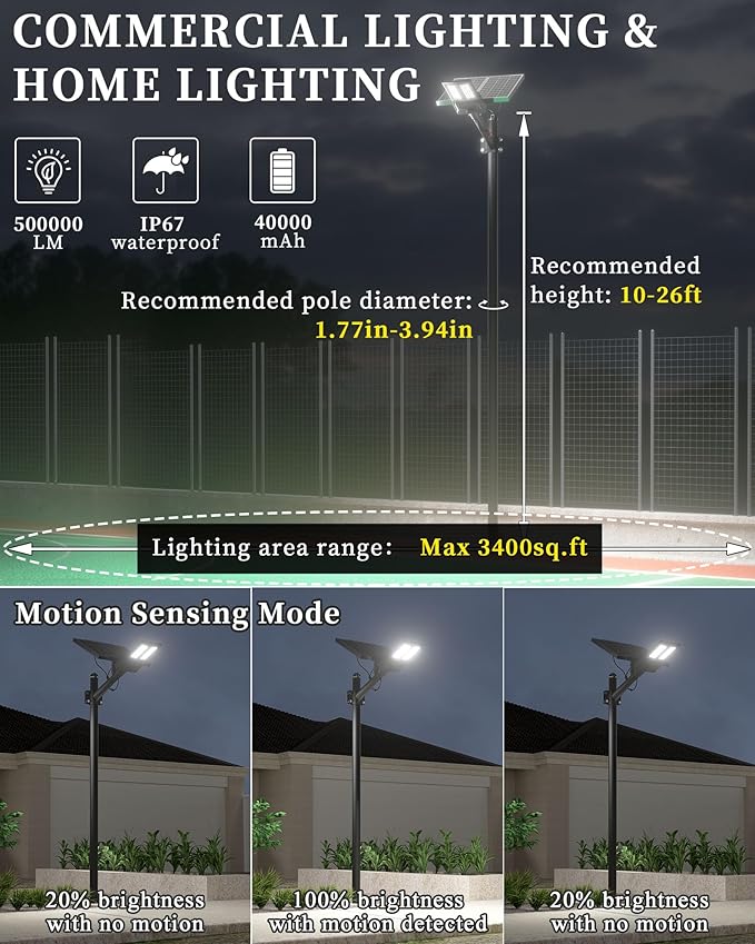 Gefolly SL-8500W Solar Street Lights Outdoor, 500000LM Commercial Parking Lot Light Dusk to Dawn IP67 Waterproof 6500K Security Flood Lights with Motion Sensor Lamp for Yard, Road