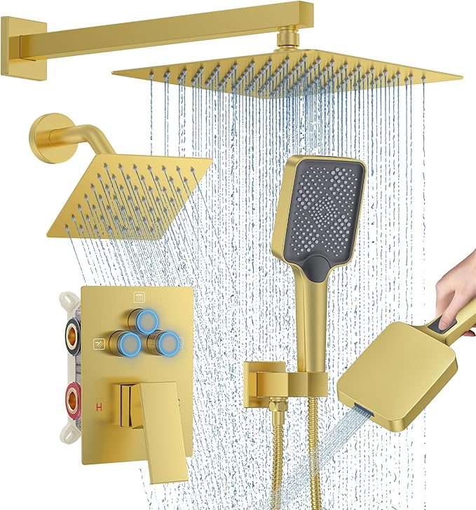 Shower Faucet Set, 10" Wall Mount Rainfall Shower System with 2 Rain Shower Head and Multi-function Handheld Head Push Button Diverter Shower Faucet Trim Kit Brushed Gold