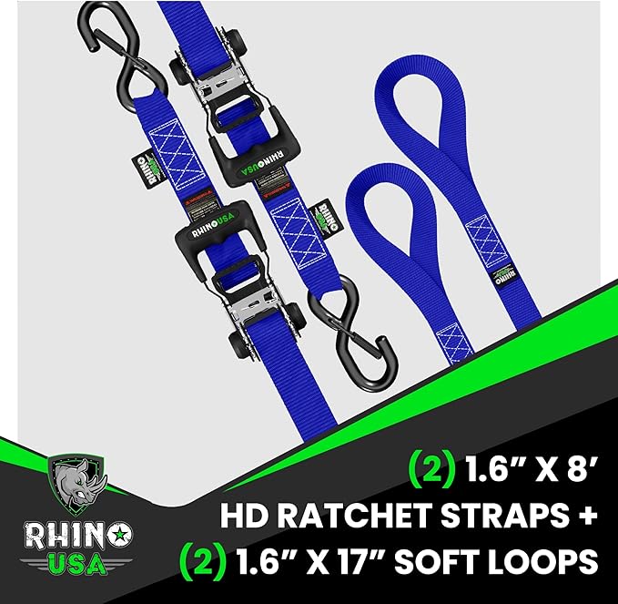 Rhino USA Ratchet Straps Heavy Duty Kit (2-Pack) - 1.6 Inch x 8 Feet (5,208lb Break Strength) - Ultimate Tie Down Straps with Safety S Hooks for Trucks, ATV, UTV, Motorcycle, Cargo & More - Blue