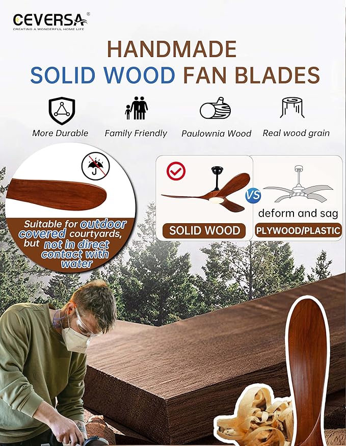 52 Inch Ceiling Fans with Lights and Remote,Solid Wood Indoor/Outdoor Ceiling Fans for Patios,Memory Function,Quiet DC Motor High CFM,Propeller 3 Blades for Porch,Farmhouse,Walnut