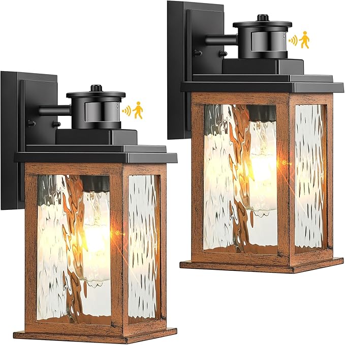 VIANIS 2 Packs Dusk to Dawn Outdoor Lighting for House, Wood Grain Motion Sensor Outdoor Lights Fixture, Garage Light Sconce Wall Mount, Lantern with Waterproof, Anti-Rust 100%, Weather Resistant