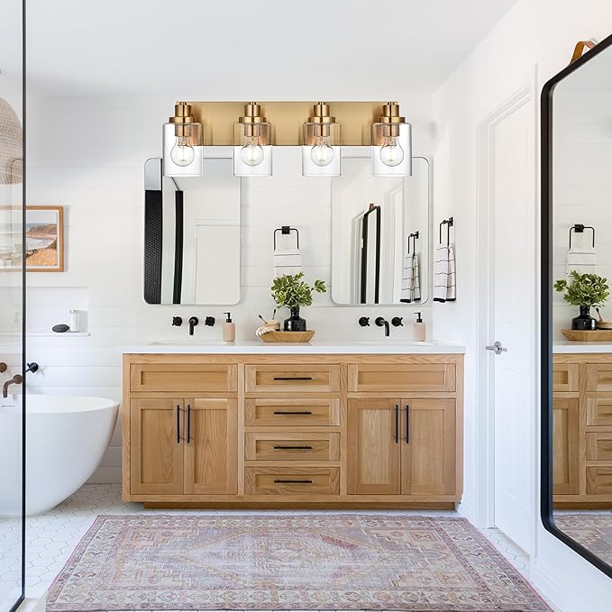 4 Light Bathroom Vanity Lights Brushed Brass Bathroom Lighting Fixtures over Mirror with Clear Glass Shade, Vintage Gold Vanity Light For Bathoom, Modern Bathroom Wall Vanity Lighting Fixtures