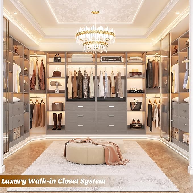 Corner Closet System with 5 Drawers, Closet Organizer System with 15+Shelvess & 4 Hanging Rods, 63.2"L * 63.2"W / 87.2"L * 39.2"W Reversible L Shaped Walk-in Closets, Load 2500+LBS, Grey