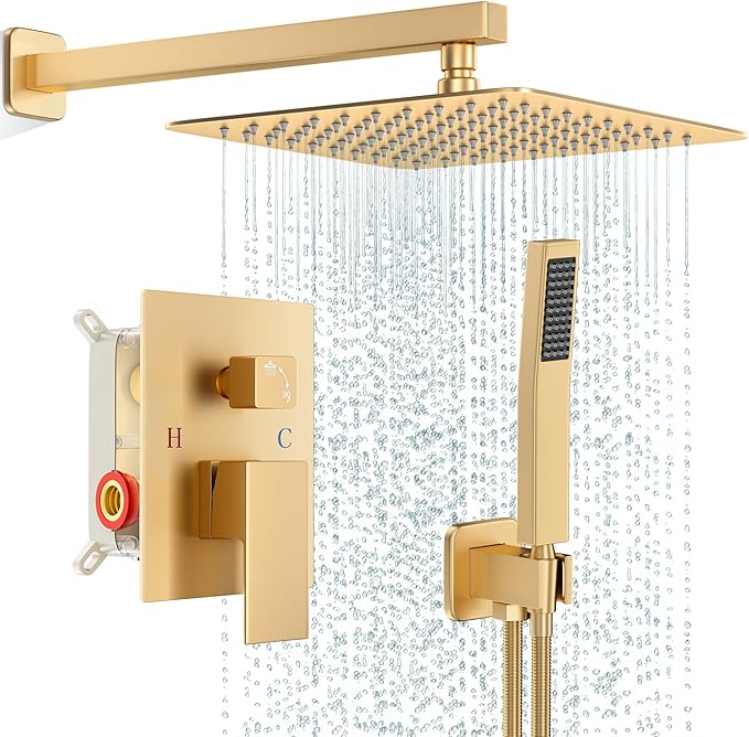 Gold Shower Faucet Set, Rainfall Shower System with Rain Shower Head and Handle Set, Wall Mounted Shower Fixtures, Full Metal Trim Repair Kit 10 inch Paint Gold (With Shower Valve)