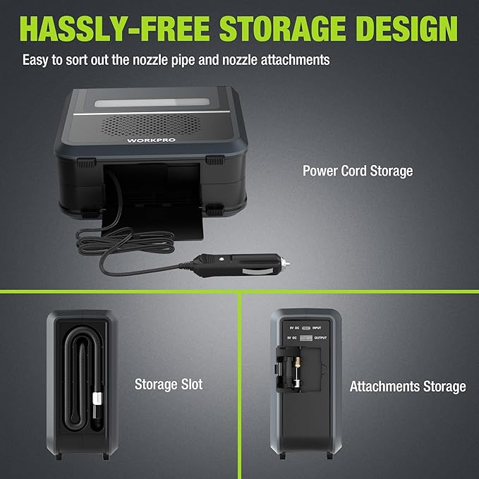 WORKPRO Portable Tire Inflator, 7.2V/12V Small/Mid/Large Air Compressor, Digital Display, Auto Shut-Off, 5 Modes, LED Light, High Airflow, for Car, Motorcycle, Bike, Balls