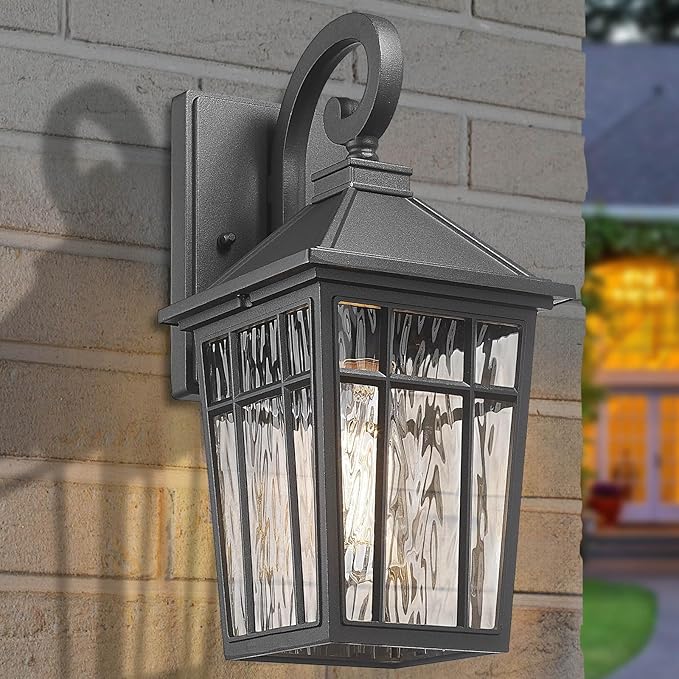 Darkaway Outdoor Wall Lights for House, Exterior Lighting Fixtures Wall Mount Outside Porch Lights Waterproof Black Outdoor Sconce Lights with Water Ripple Glass for Patio Garage Front Door