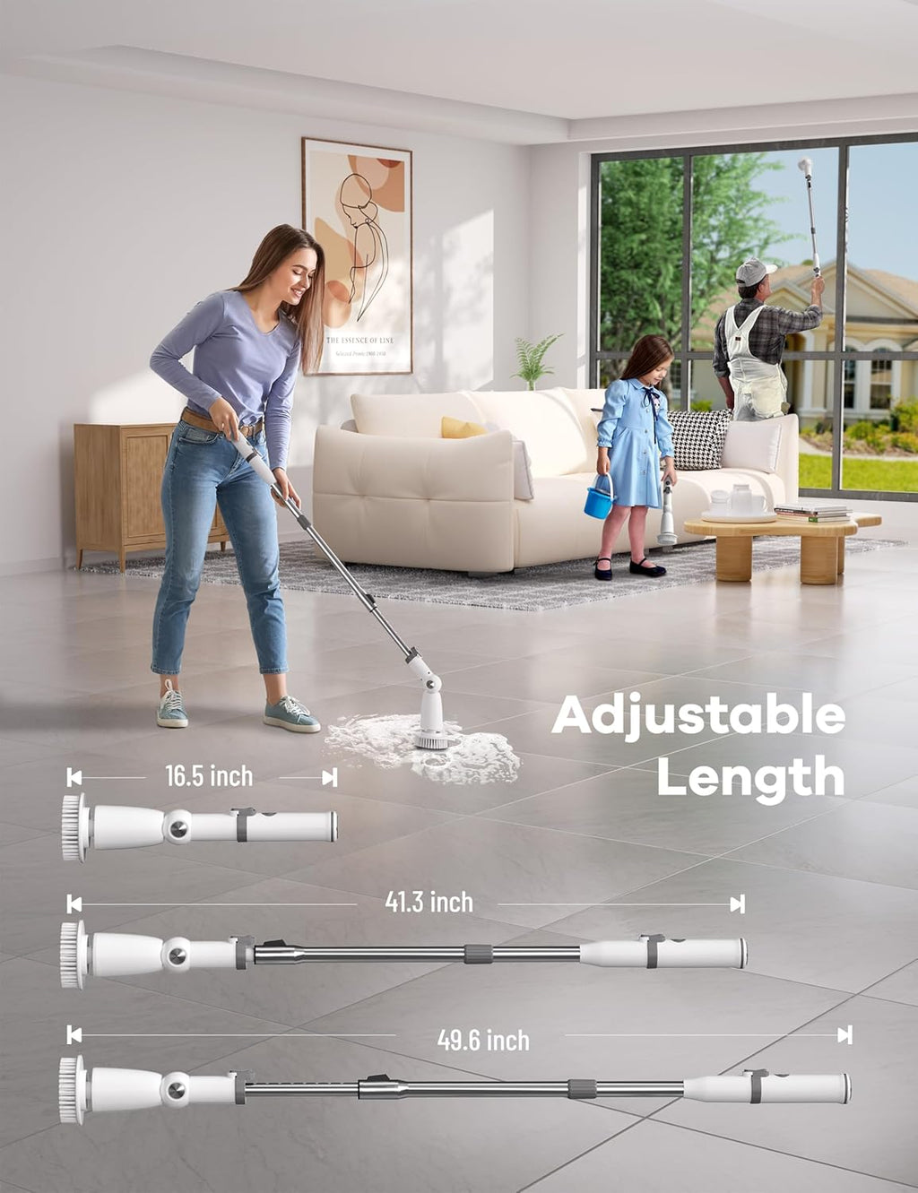 Electric Spin Scrubber,Floor Power Scrubber with Long Handle Dual Speeds,Cleaning Brush Cordless,Shower Scrubber Scrub Brush with 3 Adjustable Angles,8 Brush Heads for Bathroom Tile