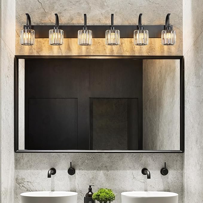 6-Light Crystal Vanity Light, Black Modern Wall Sconce with K9 Crystal Shades, 51.18" Long Over Mirror Lighting for Bathroom, Makeup, Hallway, Elegant & Easy Install