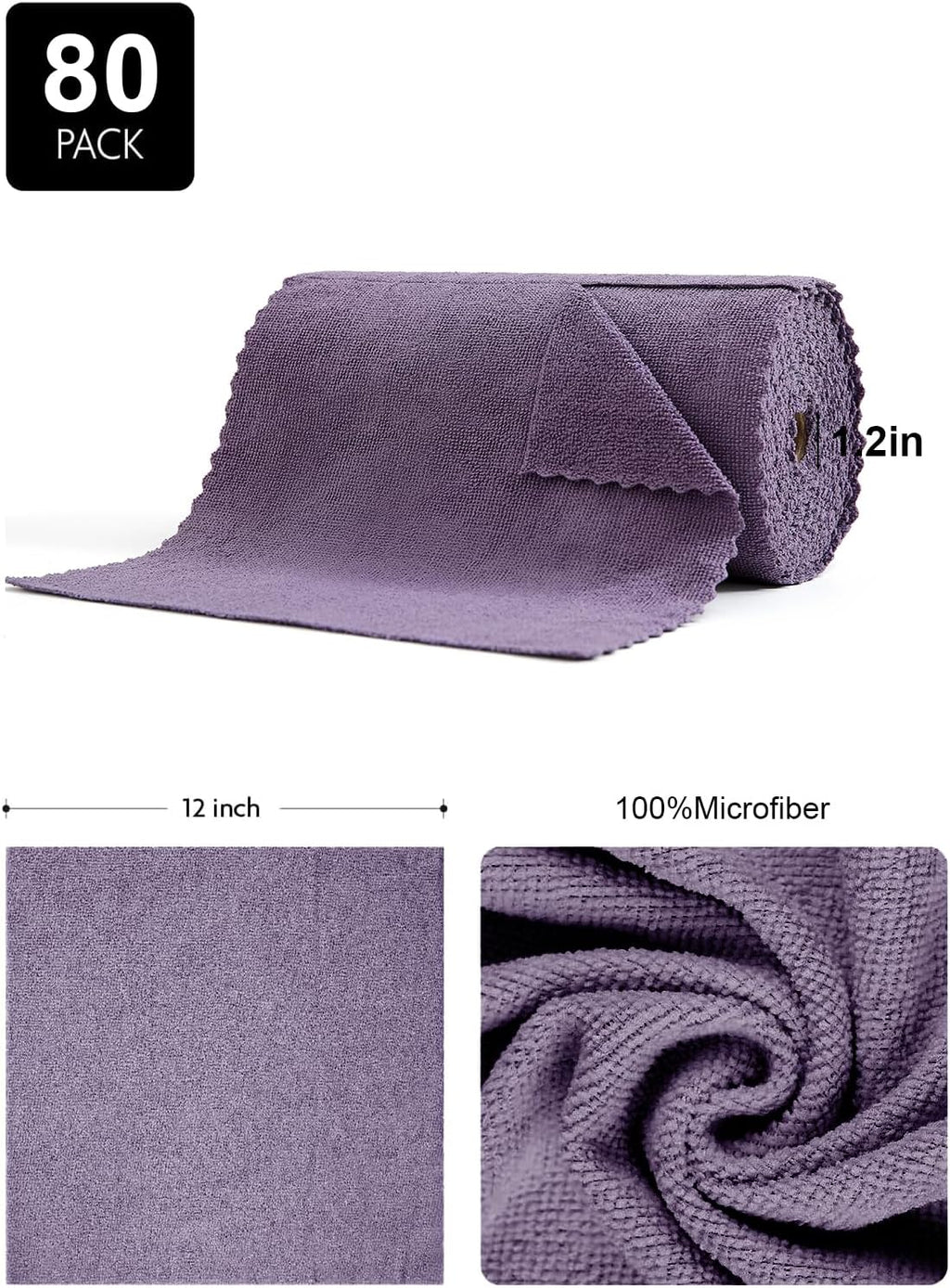 80 Pack Microfiber Cleaning Cloth Roll,Lint Free Rags & Tear Away Reusable Towels Washable Scratch,Ultra Absorbent Dish Rags(12" x 12") for Car Kitchen Home Garage-Dark Purple
