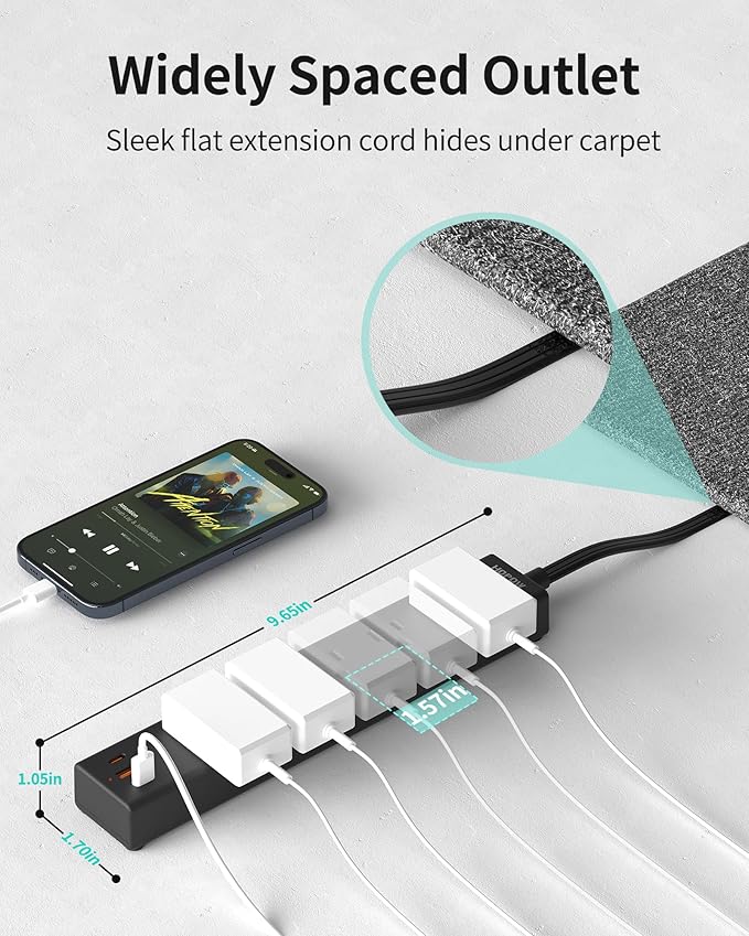 Flat Plug Power Strip, 15FT Ultra Thin Flat Extension Cord, Surge Protector with 5 Outlets & 3 USB Ports (2 USB C), 1700 Joules, 3-Prong, Wall Mount for Home Office Dorm, Black