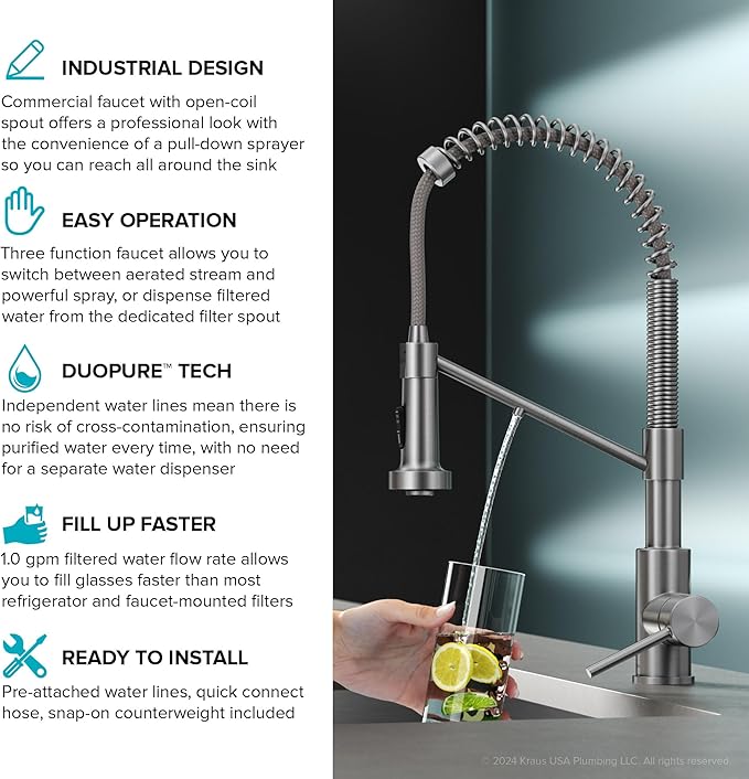 Kraus Bolden 2-in-1 Pull-Down Single Handle Kitchen Sink Filter Water Faucet for Reverse Osmosis or Water Filtration System in Brushed Brass, KFF-1610BB