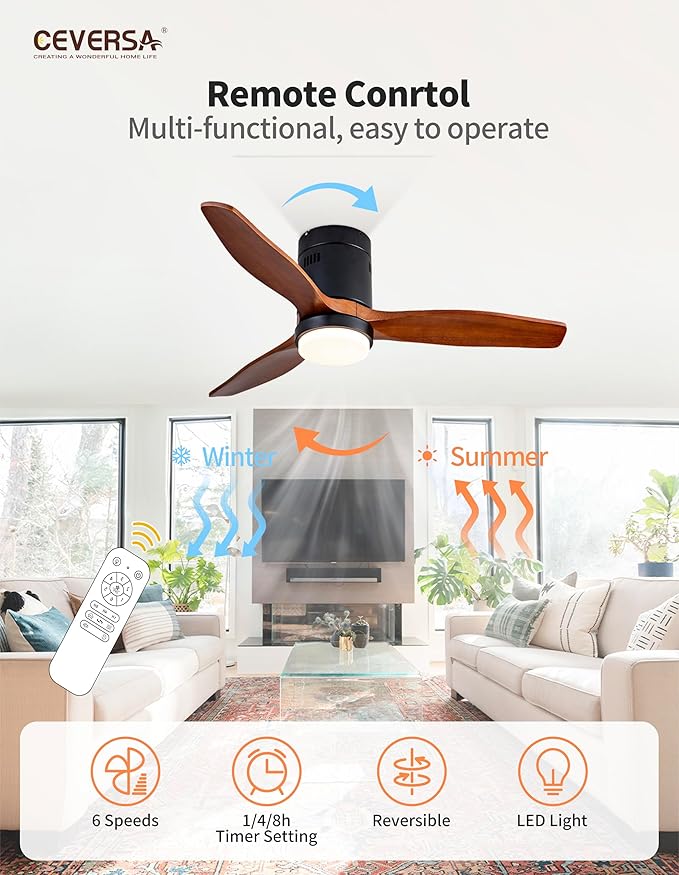 42 Inch Low Profile Ceiling Fans with Lights and Remote, Flush Mount Ceiling Fan with Lights, 3 Blades Solid Wood Dimmable Walnut Easy Installation for Living Room, Bedroom, Farmhouse, Indoor