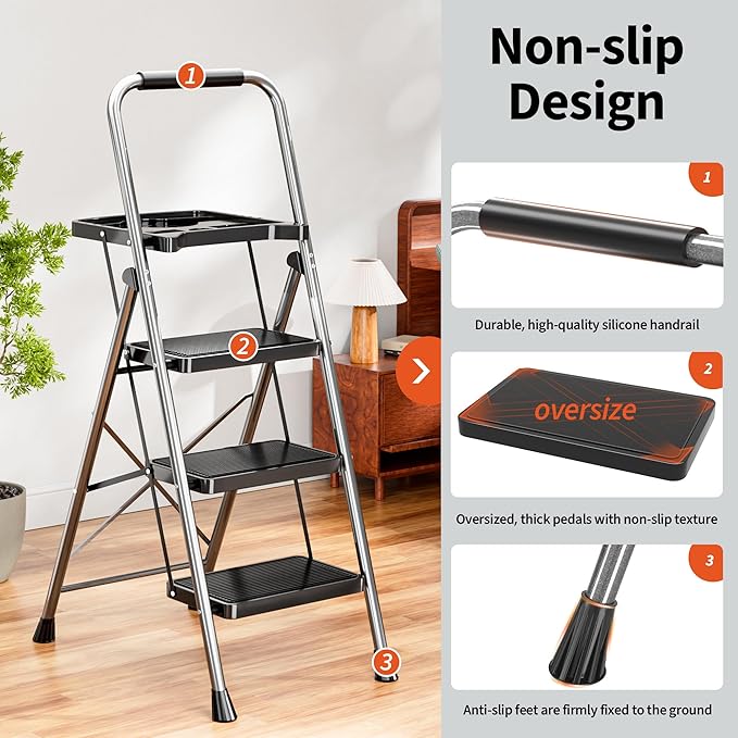 3 Step Ladder, Folding Step Stool with Tool Platform, Wide Anti-Slip Pedal and Anti-Slip Feet, Sturdiest Steel Construction, 600lbs Capacity Steel Ladder for Home Office, Grey