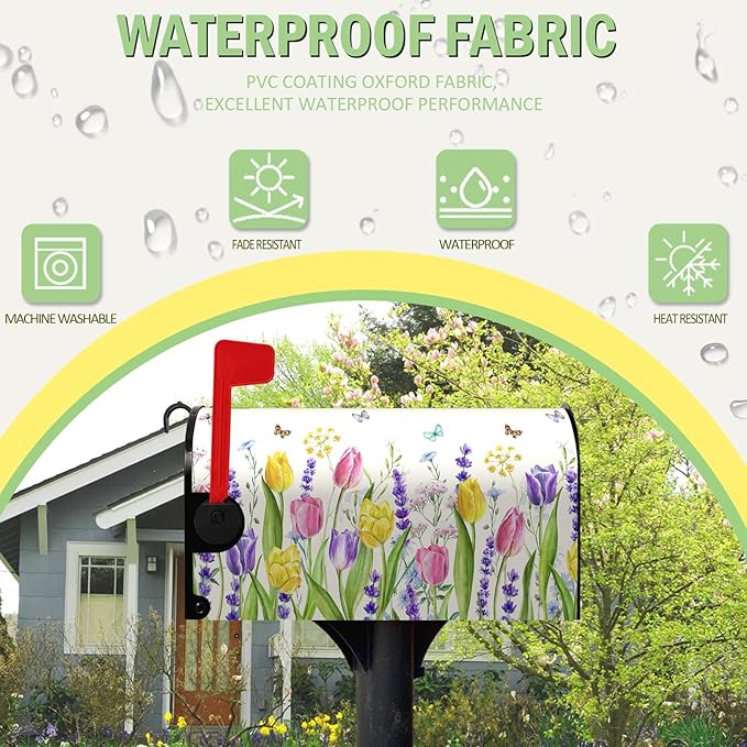 Spring Tulip Floral Mailbox Covers Magnetic Standard Size 18 X 21 Inch Summer Spring Flower Butterfly Mailbox Cover Post Box Cover Wraps for Home Yard Decorations