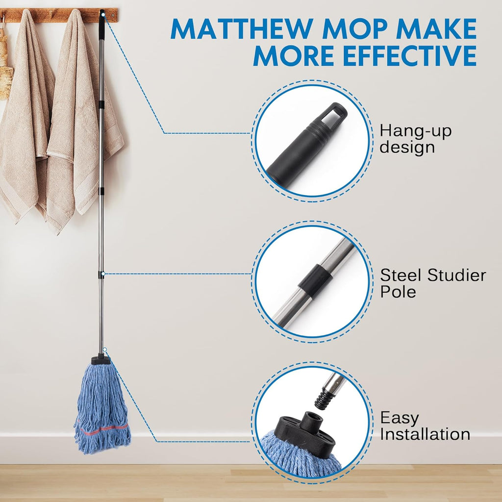 Matthew Large Commercial&Residential Mop Heavy Duty Industrial Mops w/Screw-on handle(Fit Standard American Screw)Looped-End String Wet Cotton Mops for Home,Office,Warehouse - 1 Set&2 Mop Replacements