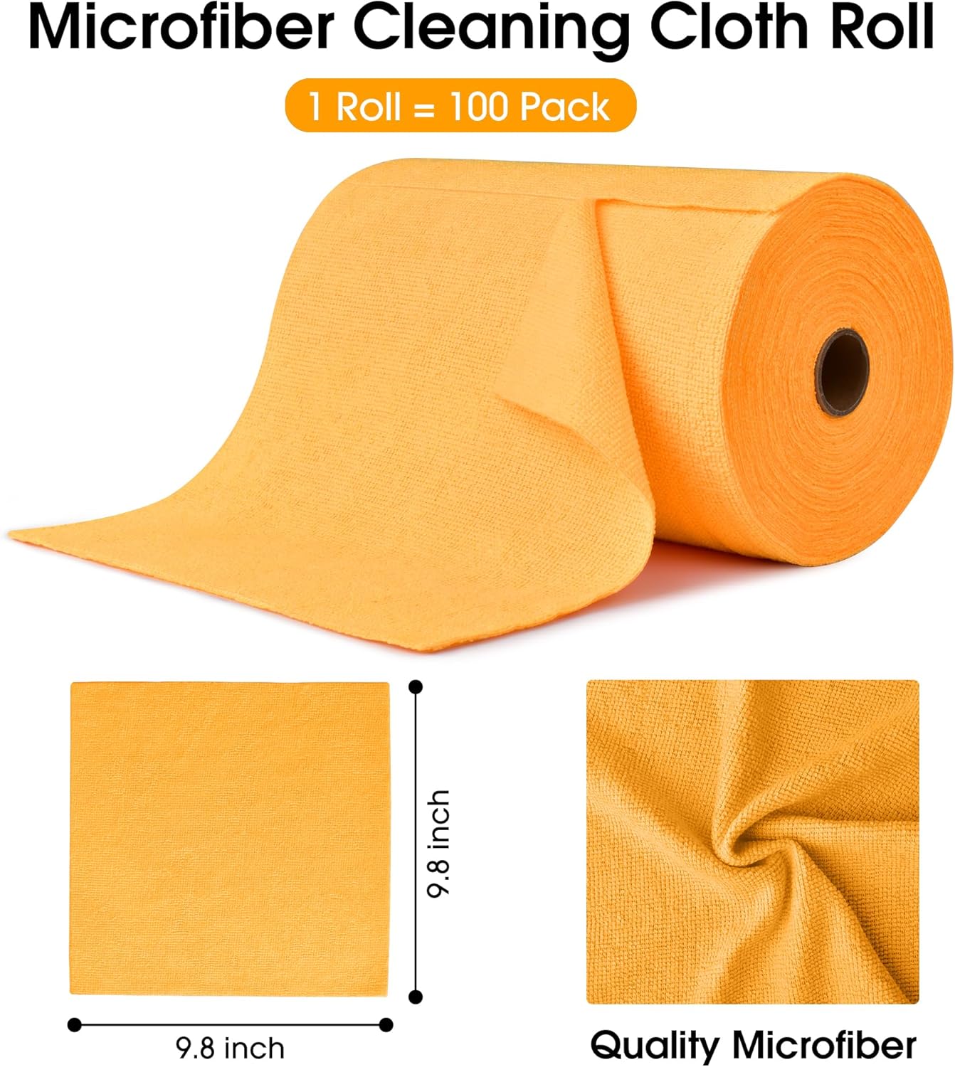 KitchLife Microfiber Cleaning Cloth Roll, 100 Pack - Tear-Away Microfiber Paper Towels, Lint-Free, Reusable, Washable for Kitchen, Car, Dishes, and Sensitive Surfaces (Tangerine Yellow)