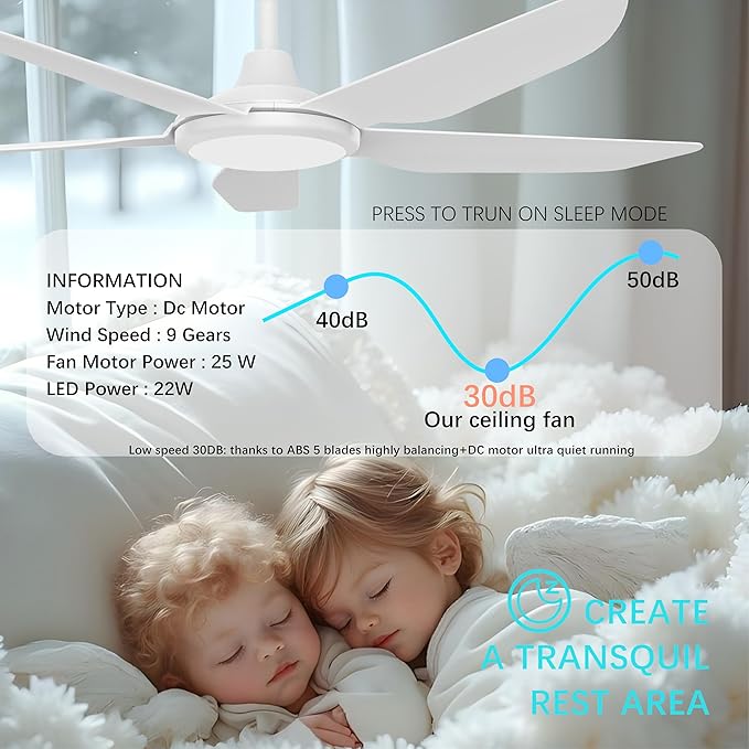 52 Inch Modern White Ceiling Fans with Lights, Ultra Quiet for Low Ceiling Bedroom, Sleep Mode Timer, 9 Speed Remote Control Dimmable LED Light, Easy Install