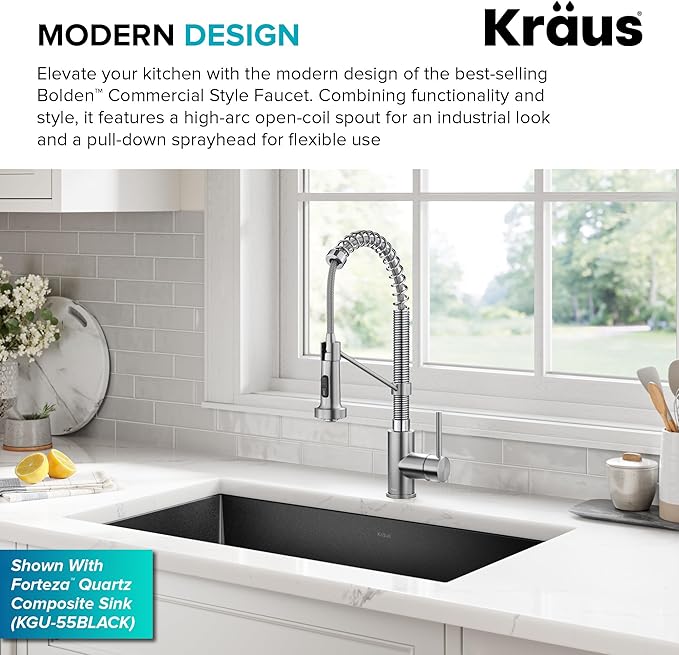 KRAUS Bolden Commercial Style 2-Function Single Handle Pull Down Kitchen Faucet in Stainless Steel, KPF-1610SS
