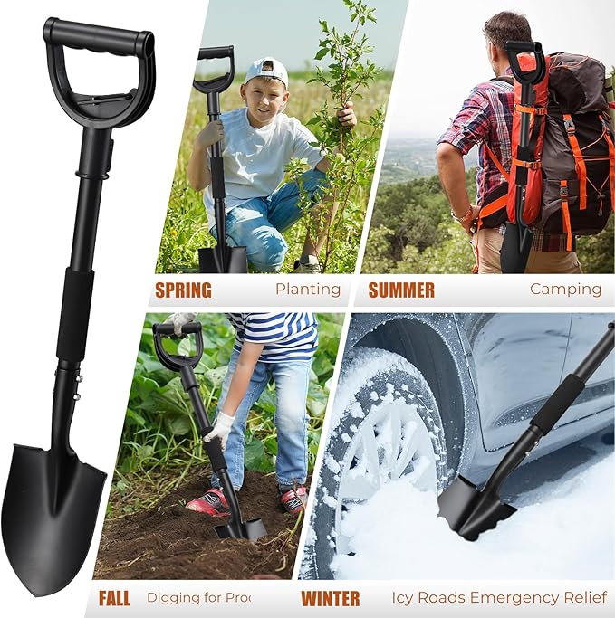31" Compact Garden Shovel with D-Grip Handle - Rust-Proof Lightweight Metal Tool for Raised Beds, Tight Spaces & Emergency Use (Kids/Adults Friendly), Black