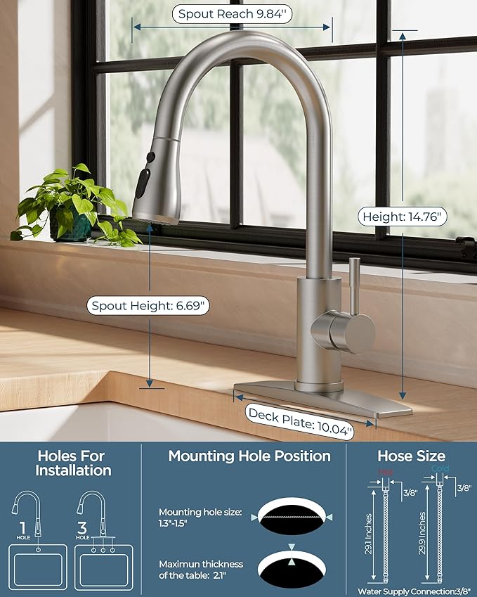 Kitchen Faucet with Pull Down Sprayer, Brushed Nickel High Arc Stainless Steel Classic Sink Faucet, Single Handle with Deck Plate for 1 or 3 Hole Sinks for RV Bar Laundry Farmhouse