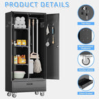 Broom Closet Storage Cabinet with Drawer and Hanging Rod, Garage Storage Cabinet with Wheels and 5 Pegboard, Rolling Tool Cabinets with 2 Doors and 3 Shelves for Garage, Bathroom, Black