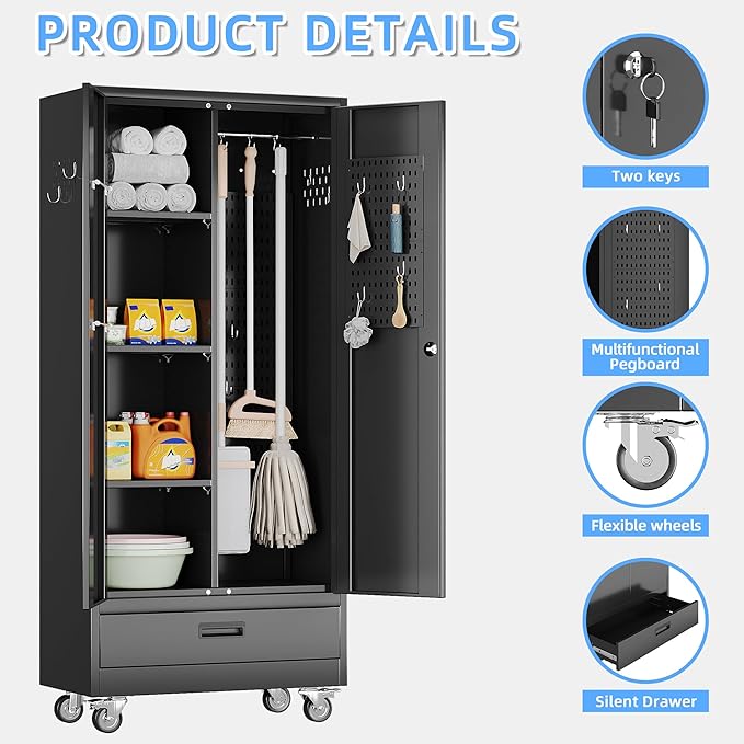 Broom Closet Storage Cabinet with Drawer and Hanging Rod, Garage Storage Cabinet with Wheels and 5 Pegboard, Rolling Tool Cabinets with 2 Doors and 3 Shelves for Garage, Bathroom, Black