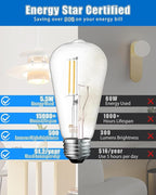 MASTERY MART 6 Pack Vintage Edison Bulbs, E26 Led Bulb 5.5W Equivalent to 60W, Dimmable, 4000K Cool White, High Brightness Antique ST19, Clear Glass