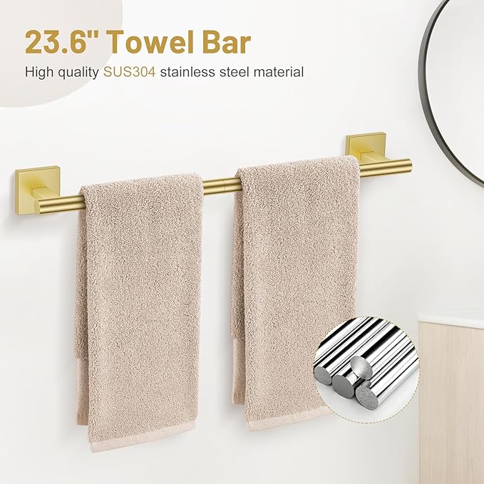 5 Pieces Brushed Gold Bathroom Hardware Set, SUS304 Stainless Steel Bathroom Accessories Set 23.6 inches Towel Bar, Toilet Paper Holder with Shelf, Towel Ring and Two Towel Hooks Wall-Mounted
