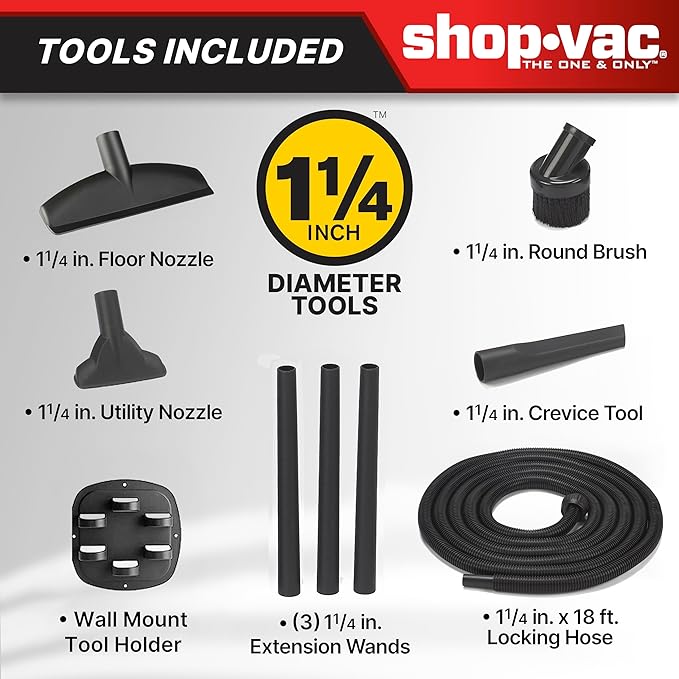 Shop-Vac 9522205 5 Gallon 5.5 Peak HP Hangup Wet/Dry Vacuum, 1.25 Inch Diameter x 18 Foot Hose, 6 Foot Cord, Wall Mount Included, Ideal for Garage, Workshop & Home
