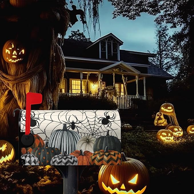 Halloween Magnetic Mailbox Covers Overszied Fall Pumpkin Spiders Mailbox Cover Large Size Spooky Halloween Mail Box Post Cover 25.5 X 21 Inch Seasonal Decor for Outdoor Garden Yard