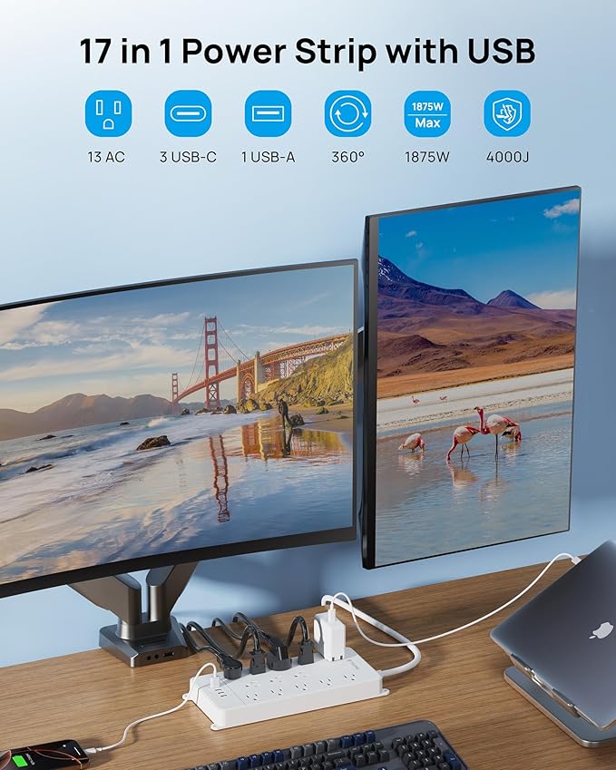 TROND 360° Rotating Flat Plug, Surge Protector Power Strip, 13AC Widely Spaced Outlets Expansion with 3 USB C Ports, 4000J, 5ft Extension Cord Heavy Duty, Wall Mount, Under Desk, ETL Listed, White