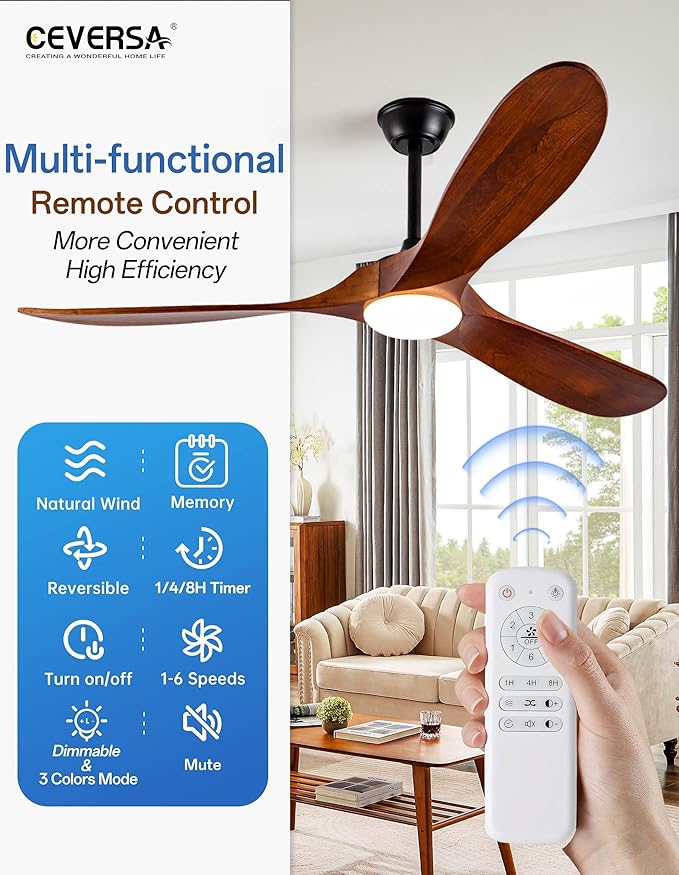 60 Inch Outdoor Ceiling Fans with Lights and Remote,3 Blades Wood Propeller, Quiet DC Motor,Dimmable Outdoor Ceiling Fans for Patios,Farmhouse,Living Room,Bedroom, Indoor,Walnut
