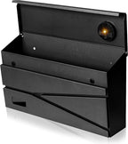 Wall Mount Mailbox, Large Capacity Mailbox for House, Visibility Galvanized Steel Rust-Proof Metal Post Box Drop, Mailboxes for Outside, 15.74"×9.84"×4.33" Solar Lanterns Black