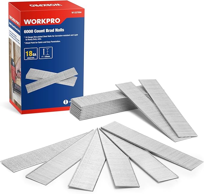 WORKPRO 1'' 18 Gauge Brad Nails, 6000 Count Finishing Nails, Universal Brad Nail Gun Nails for Pneumatic & Electric Brad Nailers