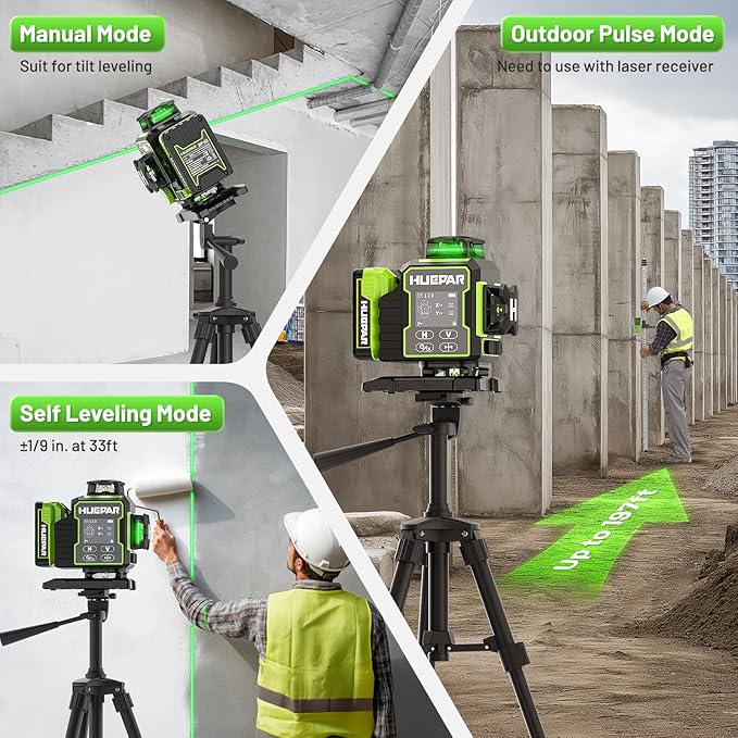 Huepar Laser Level 360 Self Leveling, W04CG Upgraded 4x360° Bluetooth Construction Lazer Leveler Tool with Electric Rotating Base ＆ Large LCD Screen, 4D 16 Lines Green Cross Laser Level