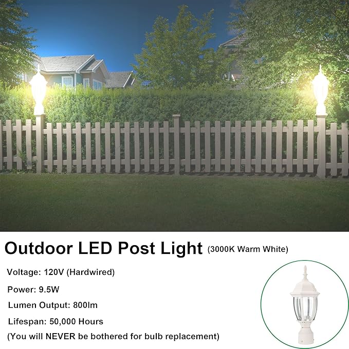 LIT-PaTH LED Outdoor Post Lighting Fixture, Pole Lantern, 9.5W 800 Lumens, 3000K Warm White, Aluminum Housing Plus Glass, Matte White Finish, 1-Pack