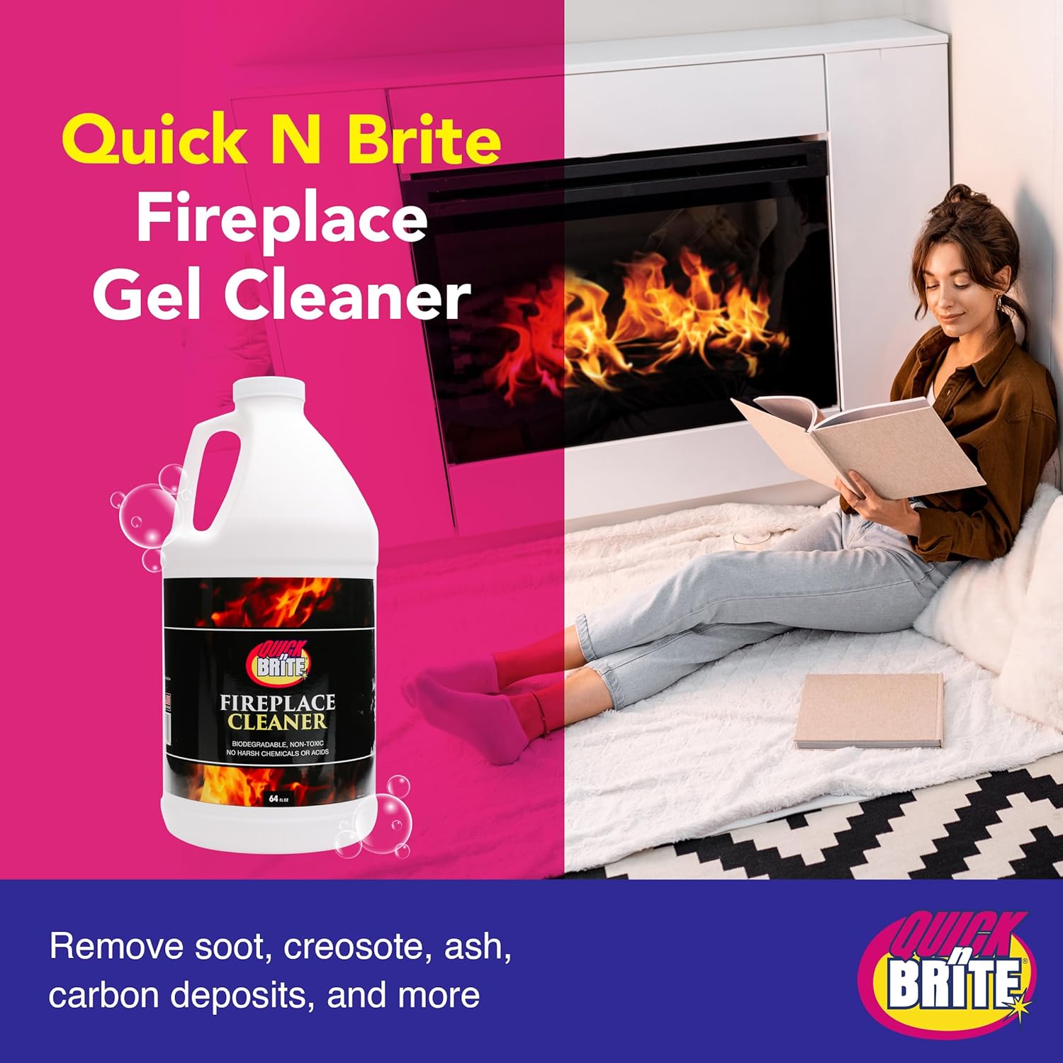 Quick ‘n Brite Fireplace Gel Cleaner for Brick, Stone, Rock, Tile, and Marble, Nonabrasive Fireplace Cleaner, Made in the USA, 64oz (Pack of 2)