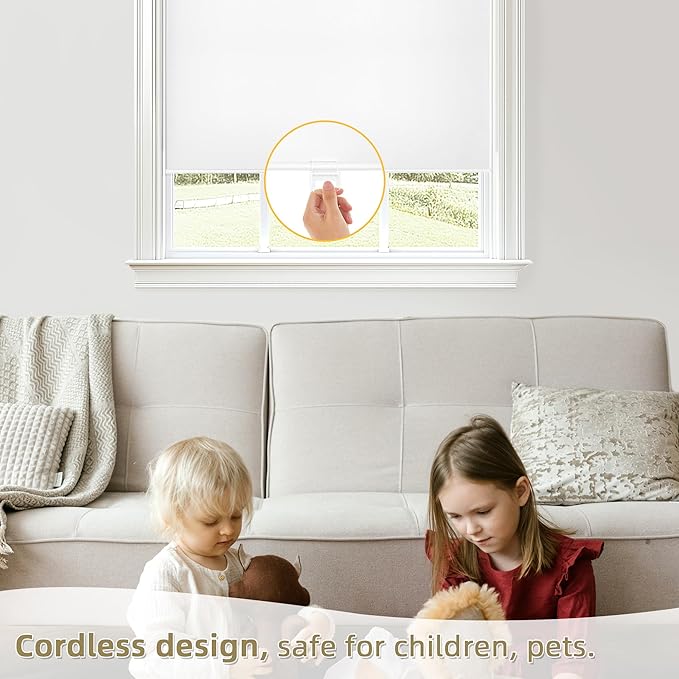 ChrisDowa Cordless Blackout Roller Shades for Windows, Thermal Insulated UV Protection Pull Down Shades, Total Blackout Window Blinds for Home, Office, Bedroom, Door (52" W x 72" H, White)