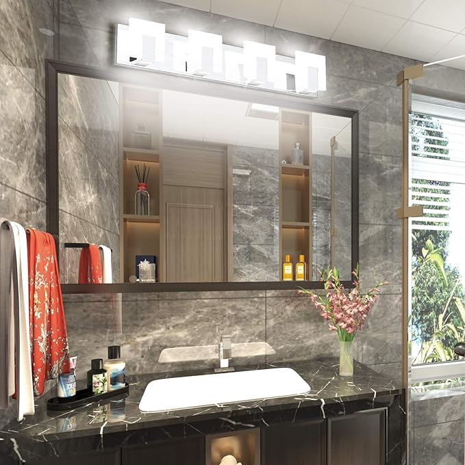 Aipsun 4 Lights Modern LED Vanity Light for Bathroom Frosted White Acrylic Chrome Up and Down Bathroom Wall Light Fixtures Over Mirror(White Light 6000K)