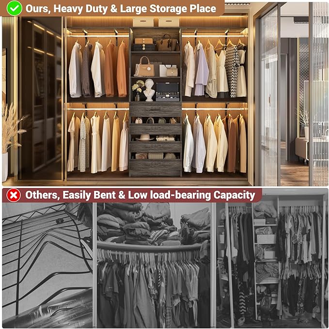 Aheaplus Closet System with 4 Drawers, 8FT Wood Closet Organizer System, 96’’ Closet Built In System Tower with Shelves, Walk-in Closet Wardrobe Clothes Garment Rack, Fits Spaces 4-9 ft, Black Oak
