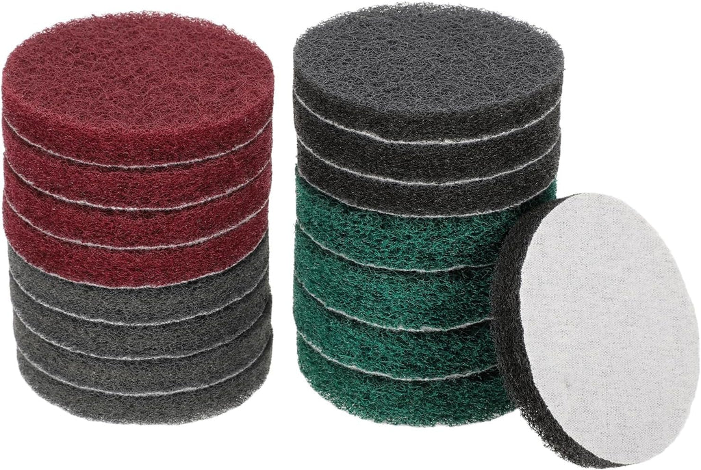 HARFINGTON 4pcs Scrubber Scouring Pads 180 400 800 1200 Grits 3 Inch Drill Power Brush Hoop and Loop Surface Conditioning Disc Drill Scuffing Disc Scrub Pads for Kitchen Cleaning, 4 Colors