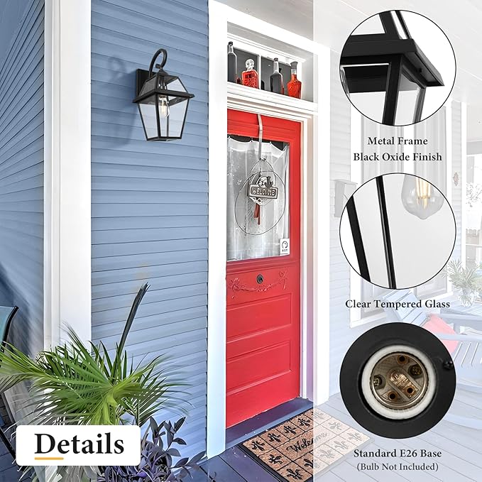 Colonial Outdoor Wall Lantern, Large Black Exterior Light Fixture with Clear Glass for Front Porch, 20 Inch Tall Waterproof Outdoor Wall Sconces Lamp Outside for House, Doorway, Garage, Corridor