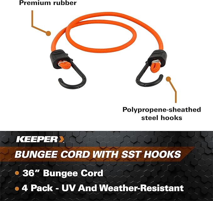 Keeper - 36” Bungee Cord with SST Hooks, 4 Pack - UV And Weather-Resistant